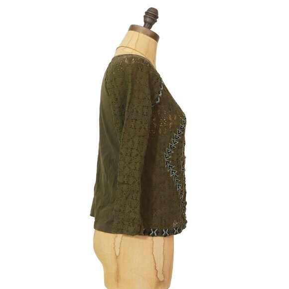 Free People Aztec Embroidered Crop Top Size S Crochet Knit Green EUC A3 - Picture 2 of 5